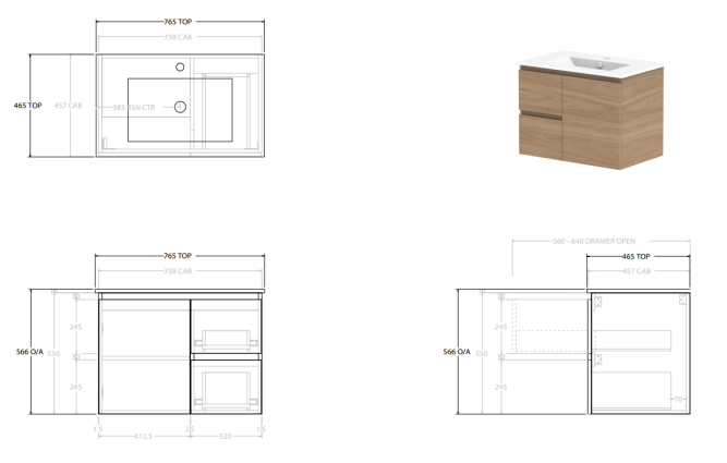 Glacier Lite Ceramic Twin Vanity 750mm, Bowl Options