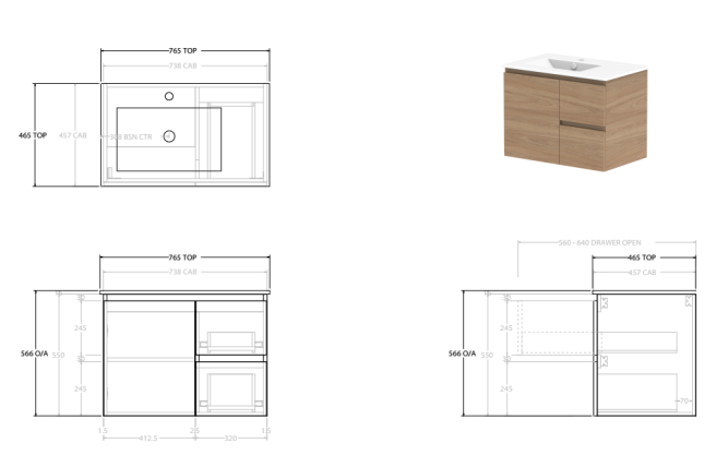 Glacier Lite Ceramic Twin Vanity 750mm, Bowl Options