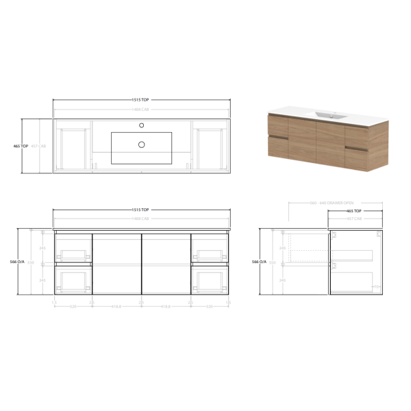 Glacier Lite Ceramic Twin Vanity 1500mm, Bowl Options