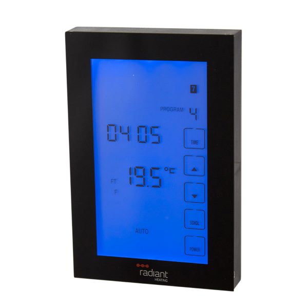 Radiant Glass Fronted Premium Touch Screen Thermostat, Vertical Mount