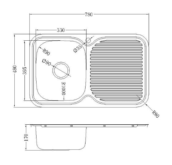 Kitchen Sink with Single Bowl & Single Drainer, 780mm