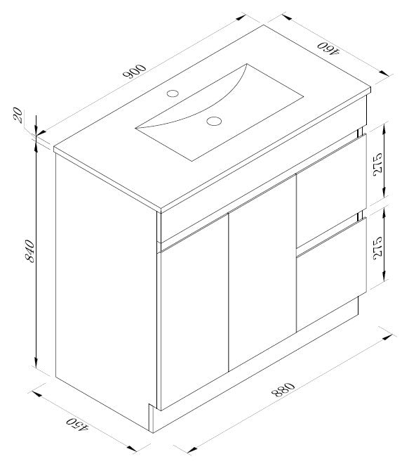 Thebe 900mm Vanity with Slim Ceramic Top, Soft Oak